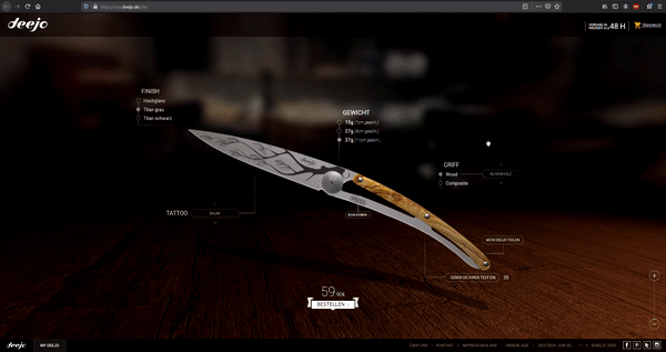 GIF mit interaktiver 3D-Präsentation auf der Verkaufsseite des Messerverkäufers Deejo