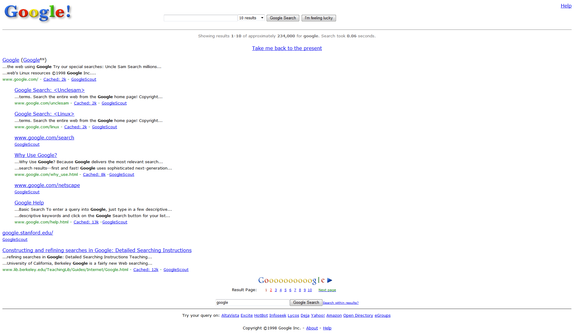 Google-Search im Jahr 1998