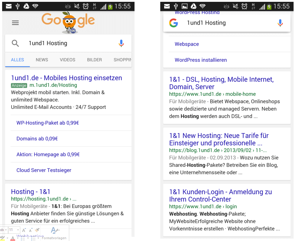 Googles Mobile Suche: Anzeigen (links) und Standard-Suchergebnisse (rechts)