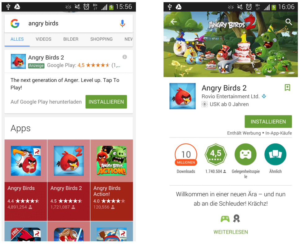 Angry-Birds-Apps auf der Google-SERP