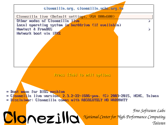 Clonezilla-Live-Boot-Menü: Menü zur Auswahl des Betriebsmodus