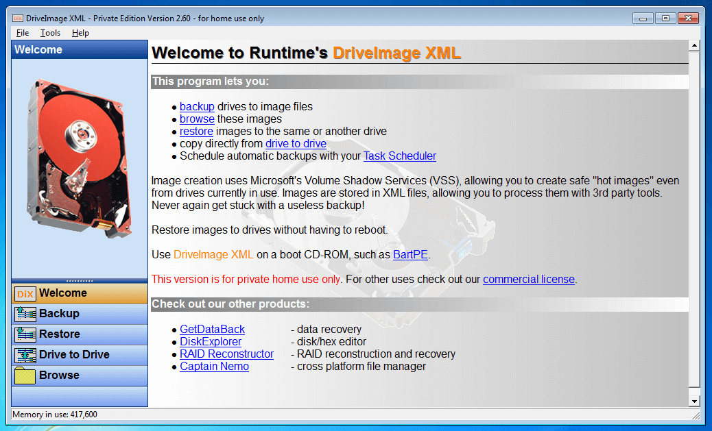 DriveImage XML 2.60: Startseite