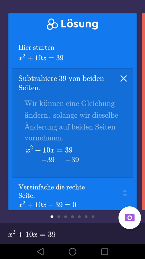 Screenshot einer mit der App Socratic gelösten mathematischen Gleichung