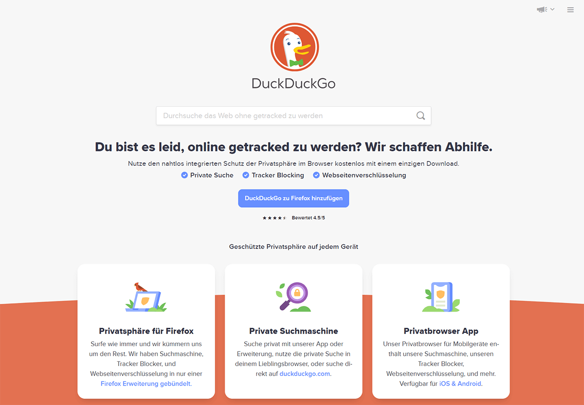 Startseite von DuckDuckGo