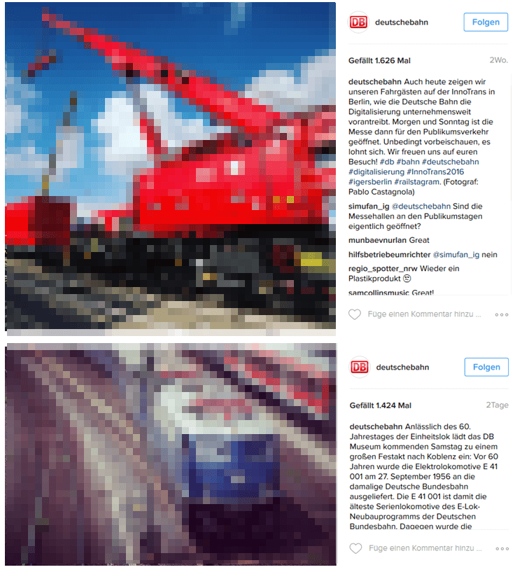 Foto-Post der Deutschen Bahn im offiziellen Unternehmensprofil auf Instagram und in der Webansicht