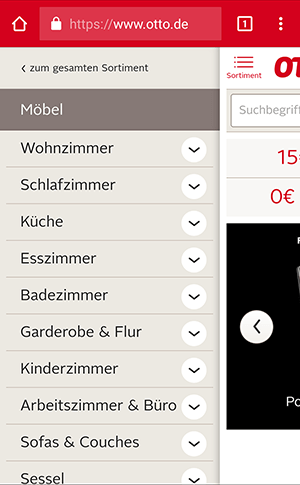 Screenshot des mobilen Onlineshops von otto.de