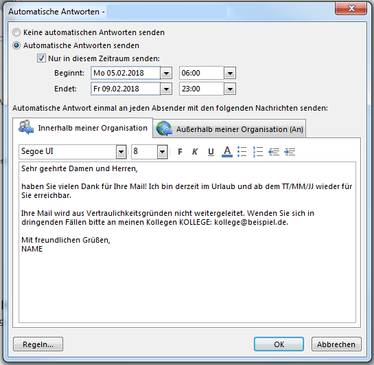 Outlook automatische antwort urlaub