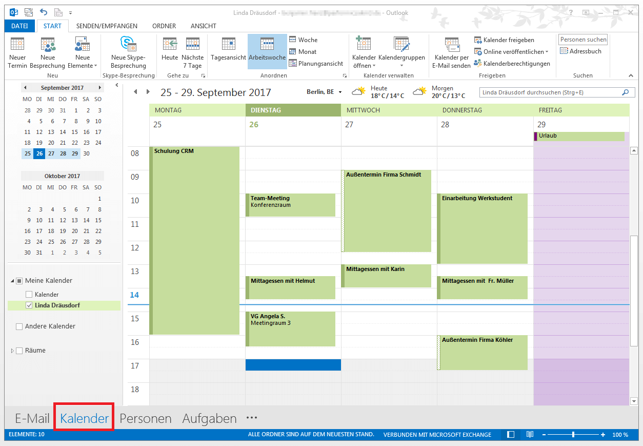 Outlook: Kalenderansicht für eine Arbeitswoche
