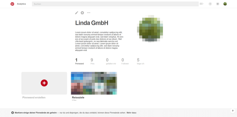 Pinterest-Unternehmensprofil der fiktiven Linda GmbH