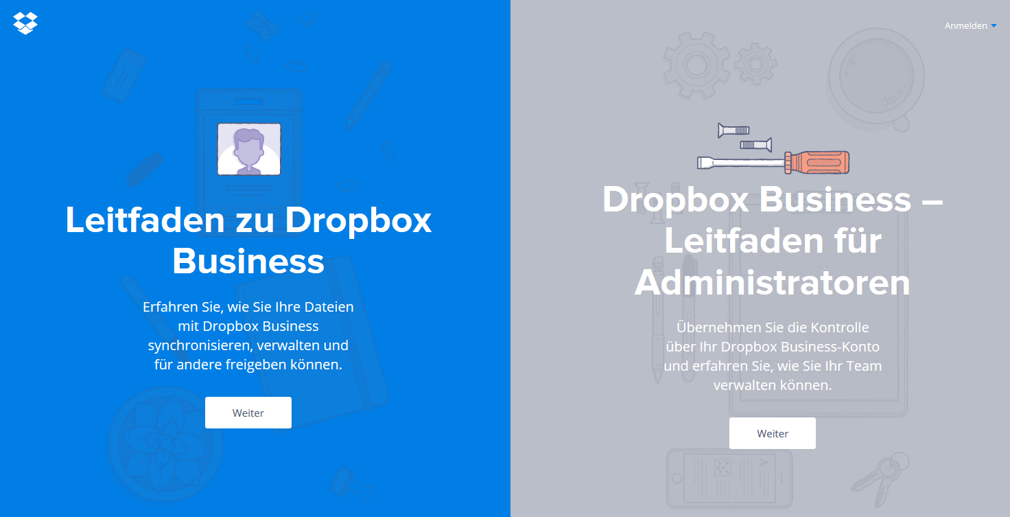 Screenshot der Startseite vom Dropbox Guide