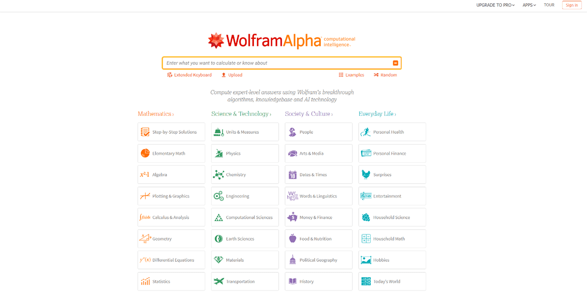 Startseite von WolframAlpha