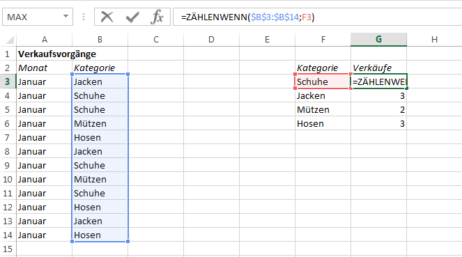 Screenshot einer Excel-Tabelle mit ZÄHLENWENN-Funktion