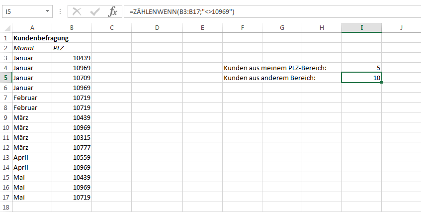 Screenshot einer Excel-Tabelle mit Negation in einer ZÄHLENWENN-Funktion