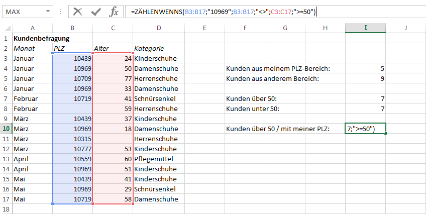 Screenshot einer Excel-Tabelle mit ZÄHLENWENNS-Funktion und drei Suchkriterien