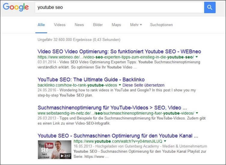 Ergebnisseite zur Suche “youtube seo” auf Google