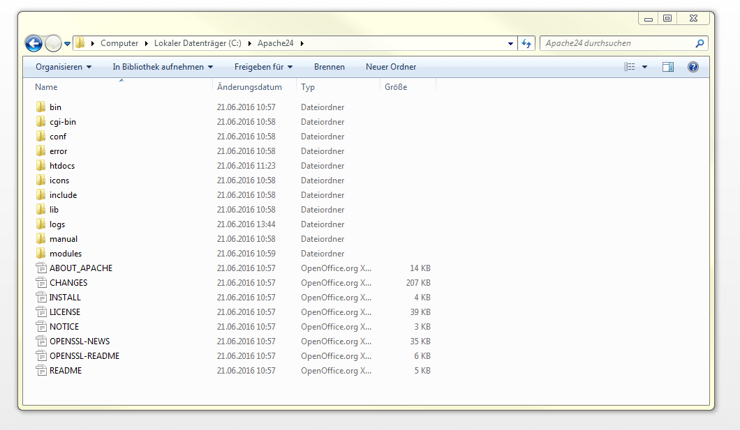 Ansicht der Dateien des lokalen Apache-Webserver im Apache24-Verzeichnis