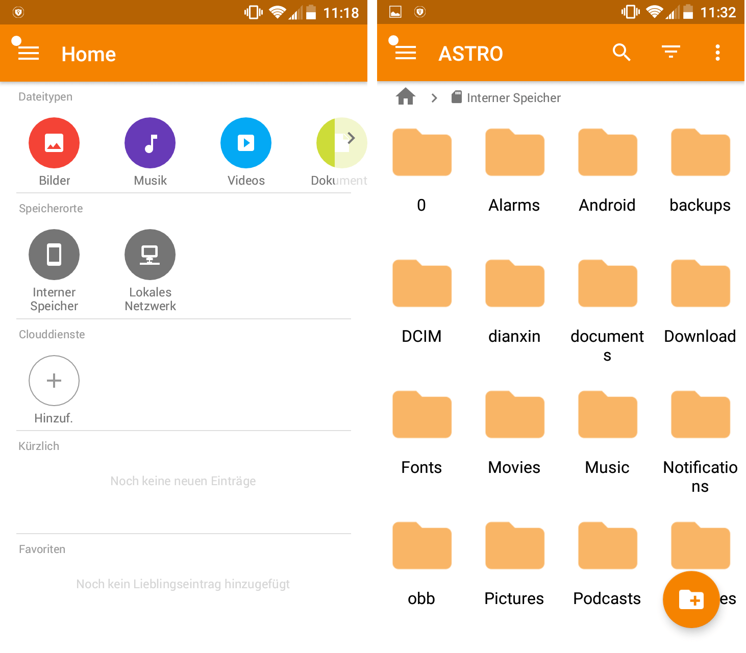 Startmenü und Speicherübersicht von ASTRO Dateimanager für Android