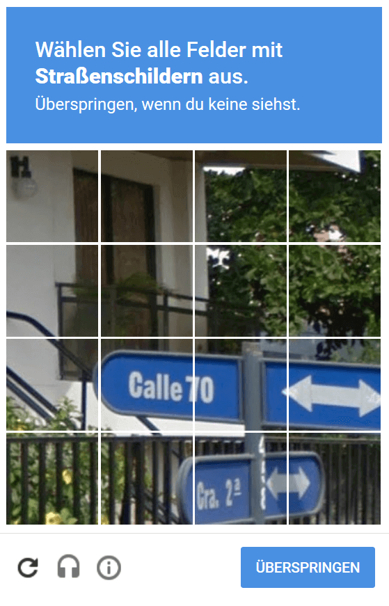 Ein bildbasiertes reCAPTCHA, basierend auf Google Street View