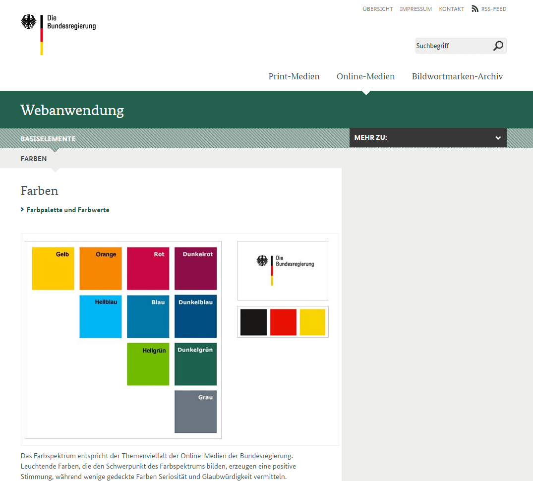 Screenshot vom Online-Styleguide der Bundesregierung mit Farbpalette und Farbwerten