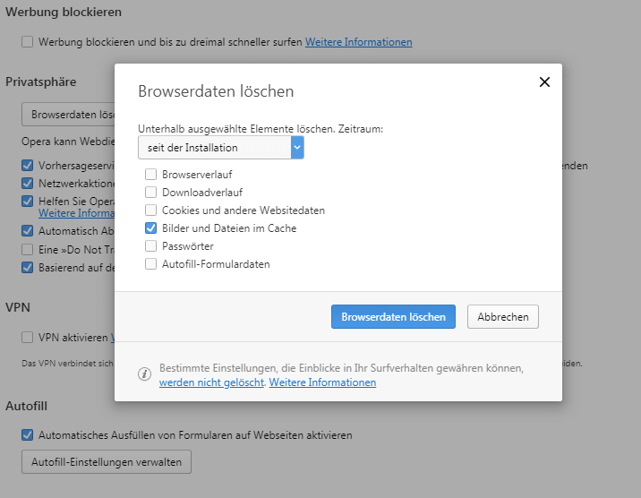 Fenster „Browserdaten löschen“ in Opera