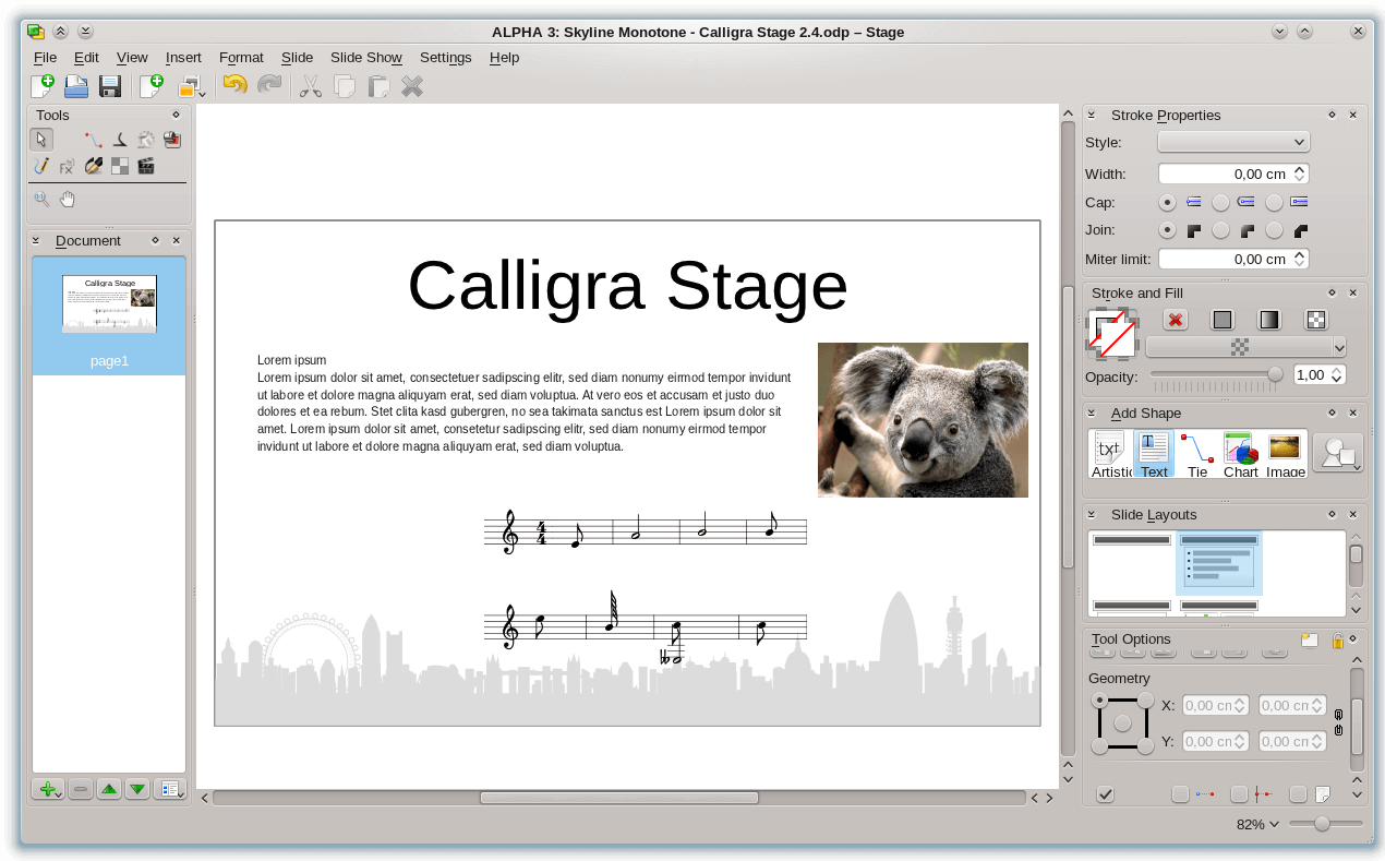 Screenshot von Stage, dem Präsentations-Programm von Calligra