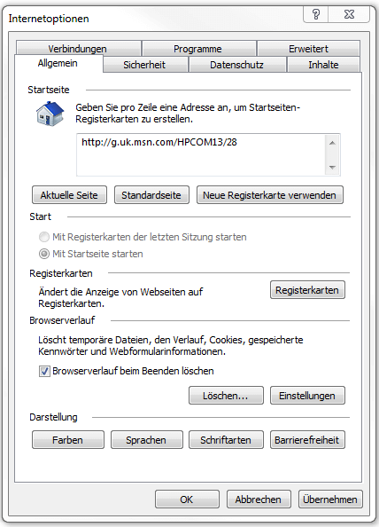 Fenster „Internetoptionen“ mit Option zum Löschen des Browserverlaufs
