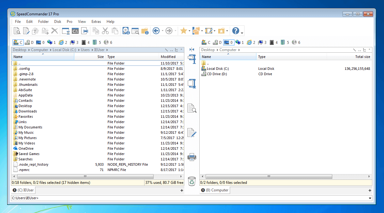 Die Benutzeroberfläche des Windows-Dateimanagers SpeedCommander
