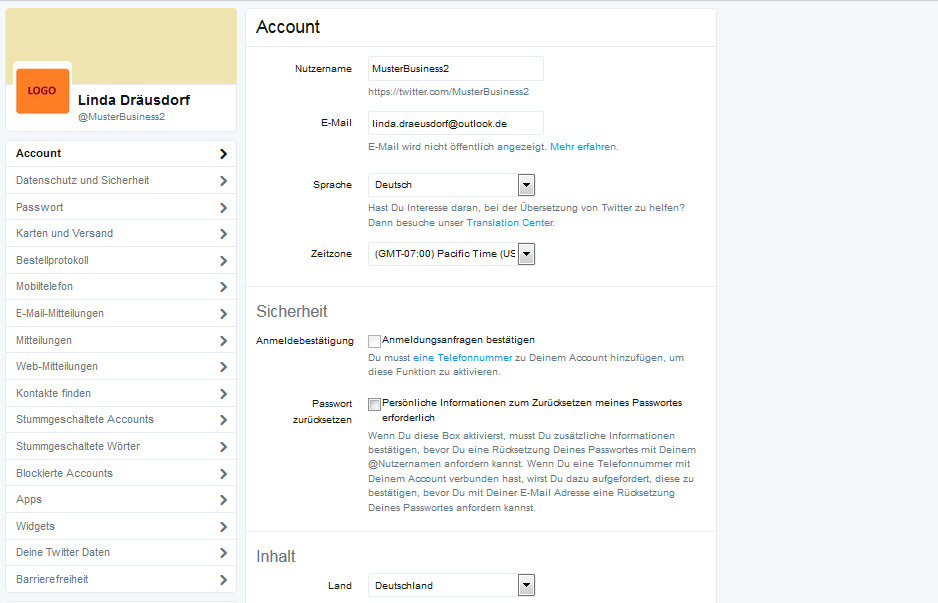 Screenshot der Twitter-Maske für persönliche Einstellungen und Datenschutz