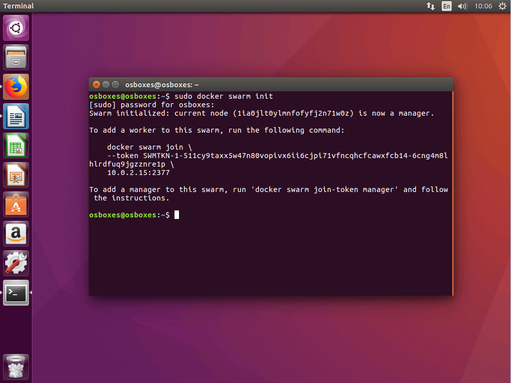 Der Befehl „docker swarm init“ im Ubuntu-Terminal
