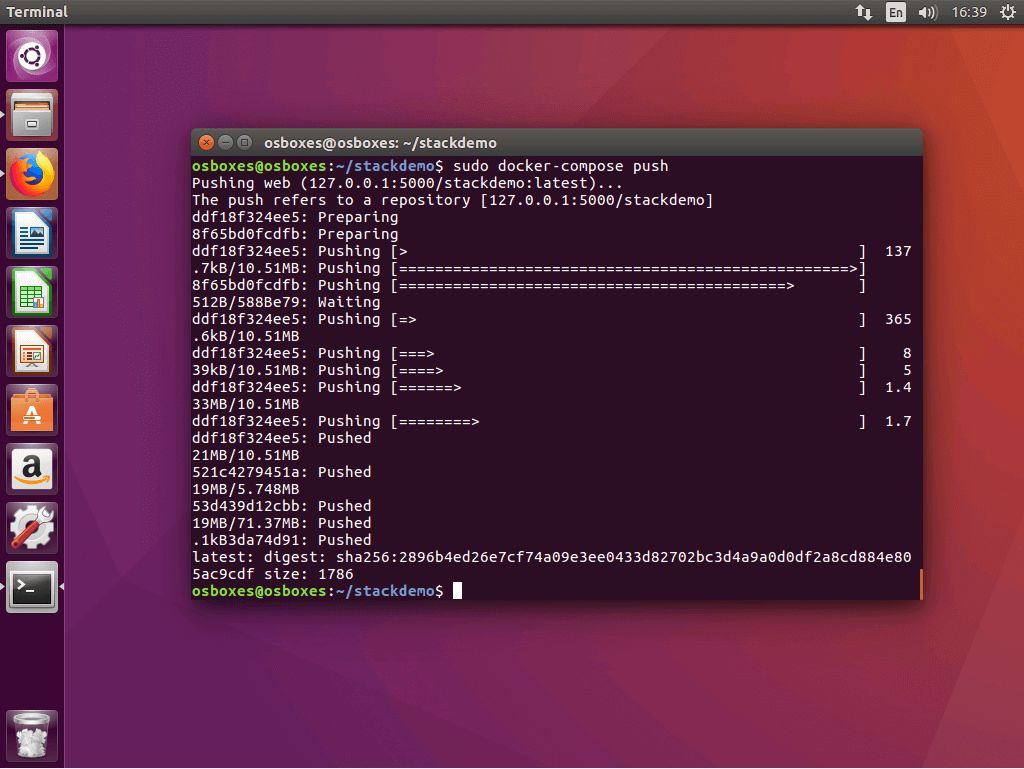 Der Befehl „docker-compose push“ im Ubuntu Terminal