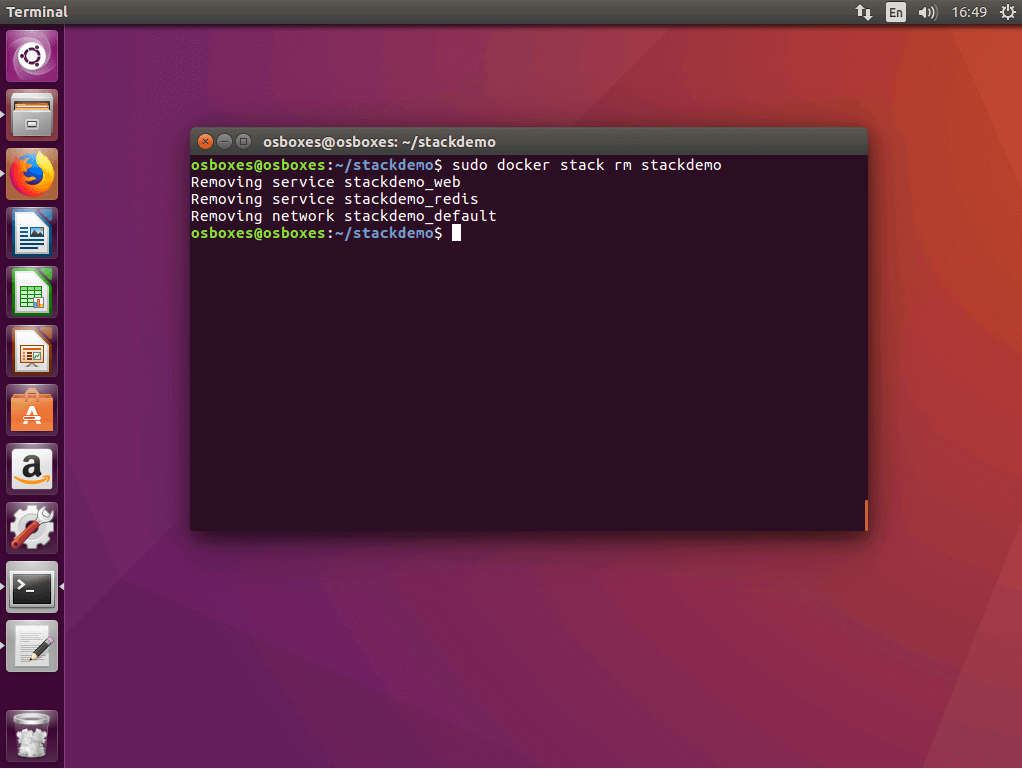 Der Befehl „docker stack rm“ im Ubuntu-Terminal