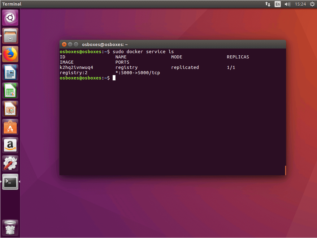 Der Befehl „docker service ls“ im Ubuntu-Terminal