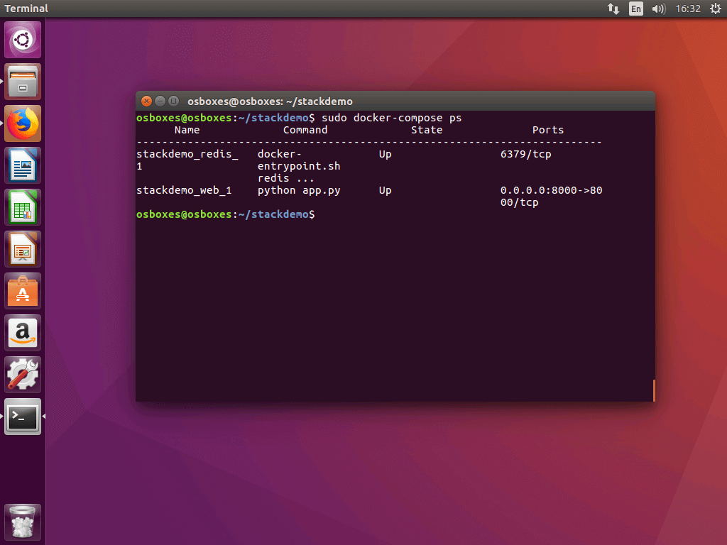 Der Befehl „docker-compose ps“ im Ubuntu-Terminal