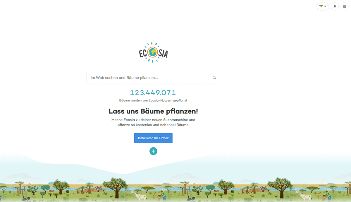 Die Startseite der Suchmaschine Ecosia