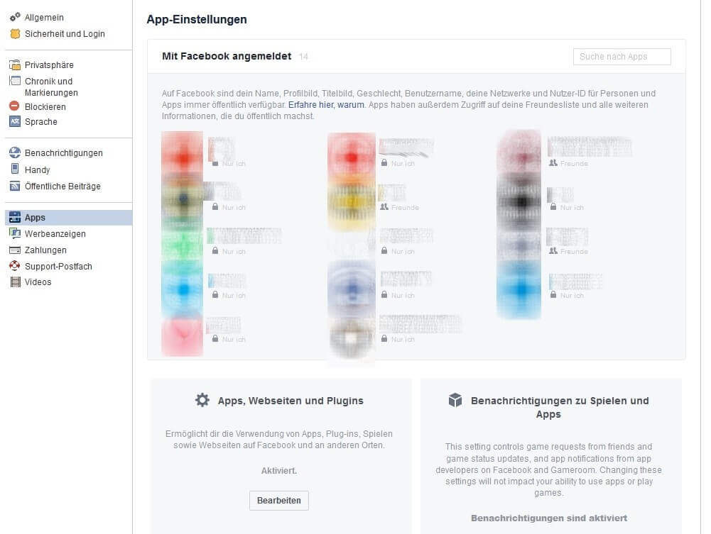 Facebook-App-Einstellungen mit 14 Apps, bei denen der Nutzer mit Facebook angemeldet ist
