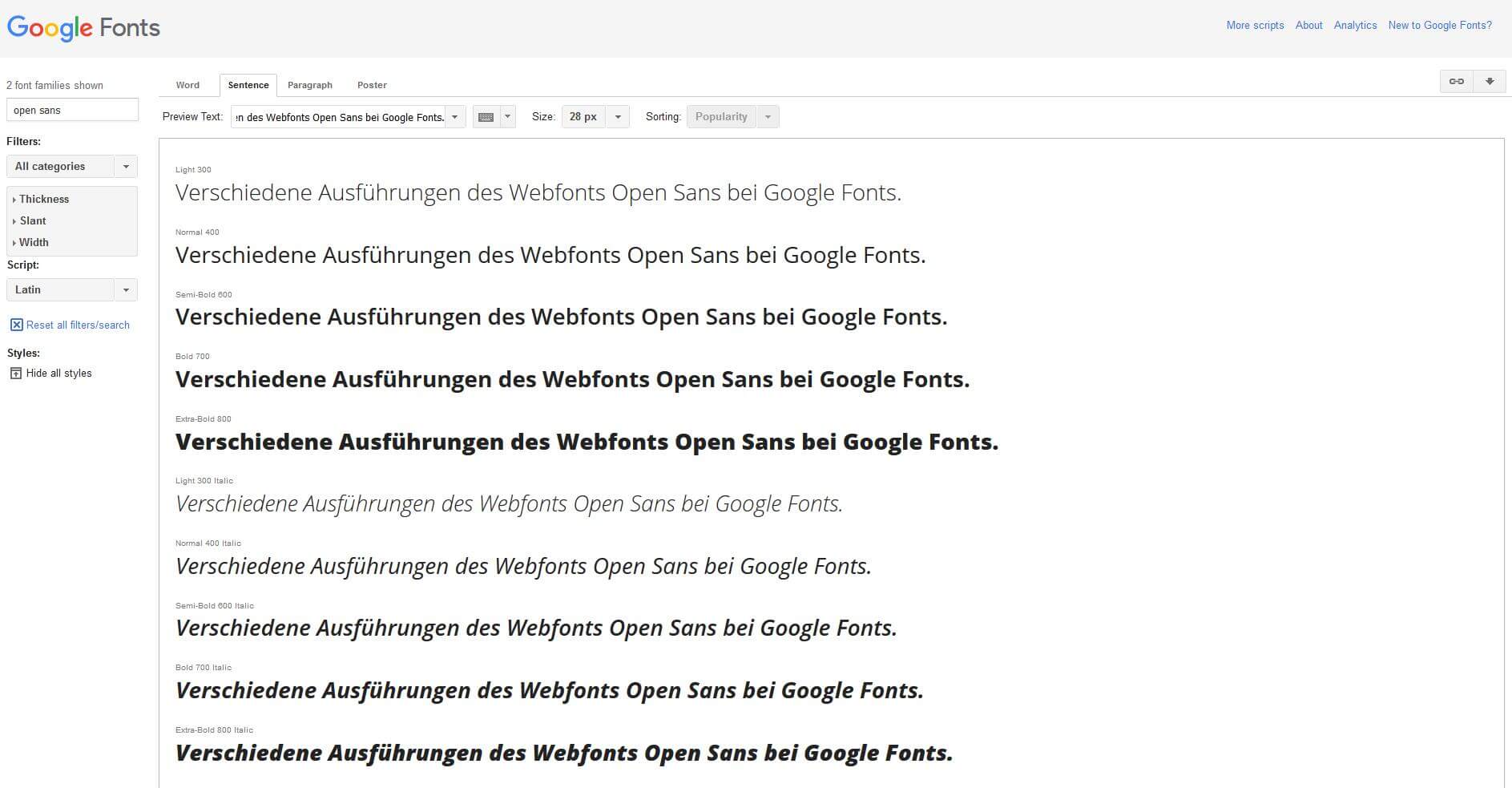 Verschiedene Ausführungen des Webfonts Open Sans bei Google Fonts