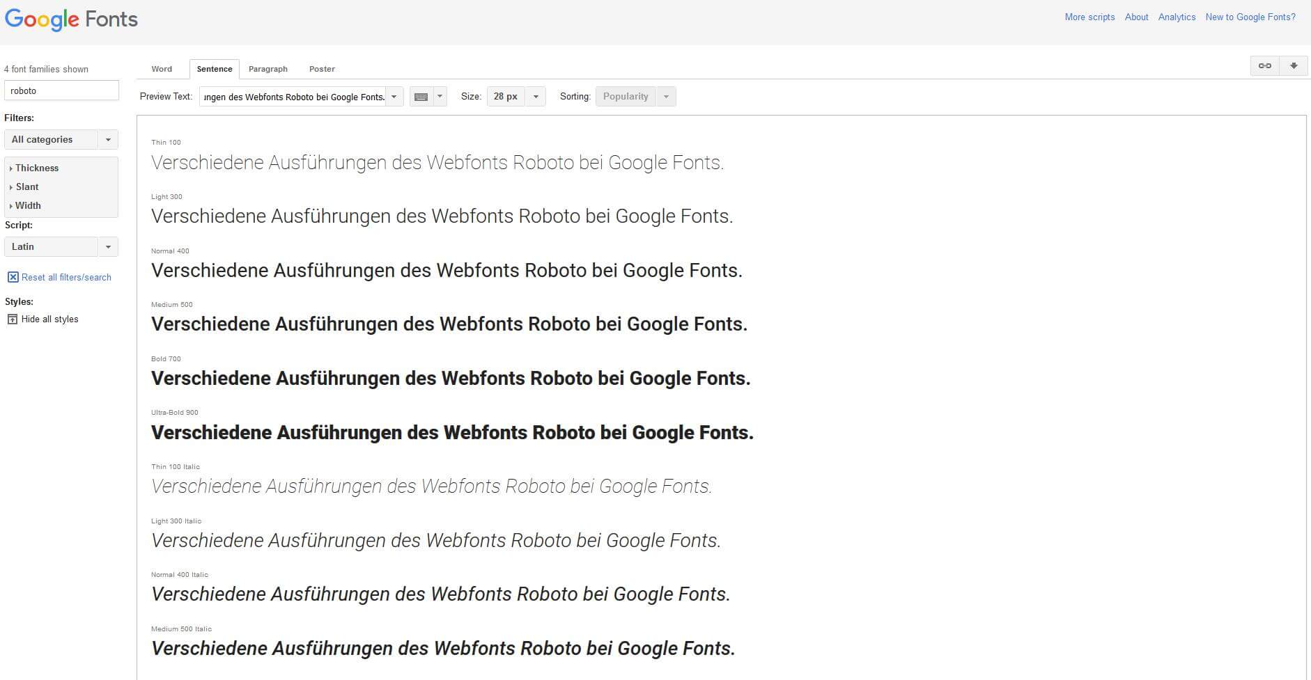 Verschiedene Ausführungen des Webfonts Roboto bei Google Fonts