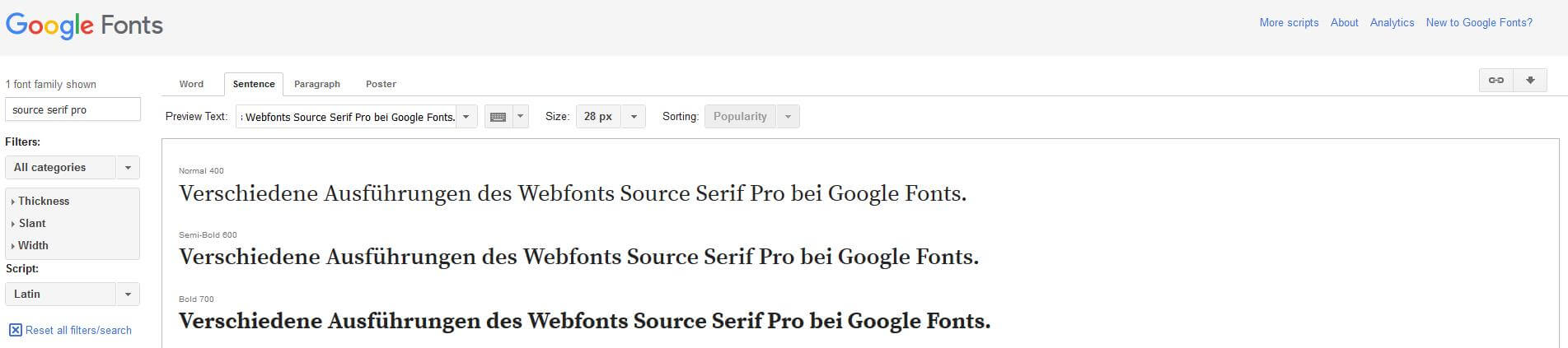 Verschiedene Ausführungen des Webfonts Source Serif Pro bei Google Fonts