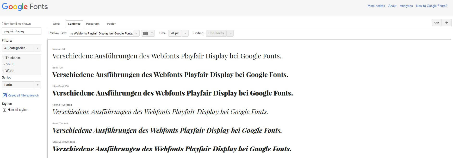 Verschiedene Ausführungen des Webfonts Playfair Display bei Google Fonts