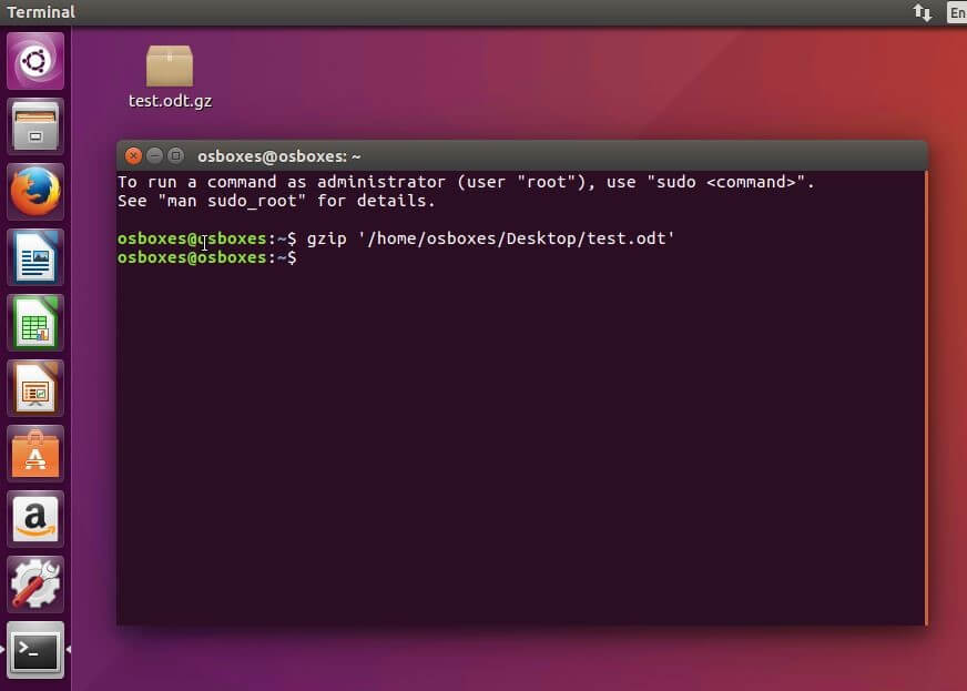 Ubuntu-Terminal: Komprimierung einer Beispieldatei mit gzip