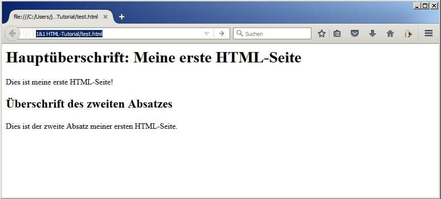 Bild der erstellten HTML-Seite mit zwei Absätzen, Haupt- und untergeordneter Überschrift