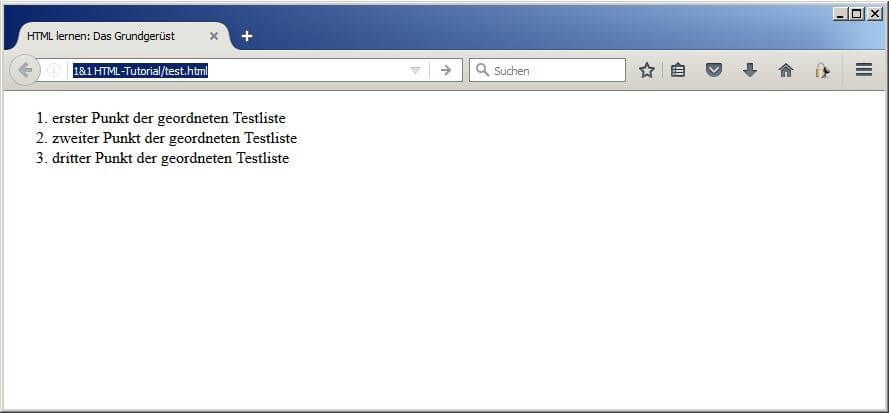 Nummerierte HTML-Auflistung mit drei -Elementen