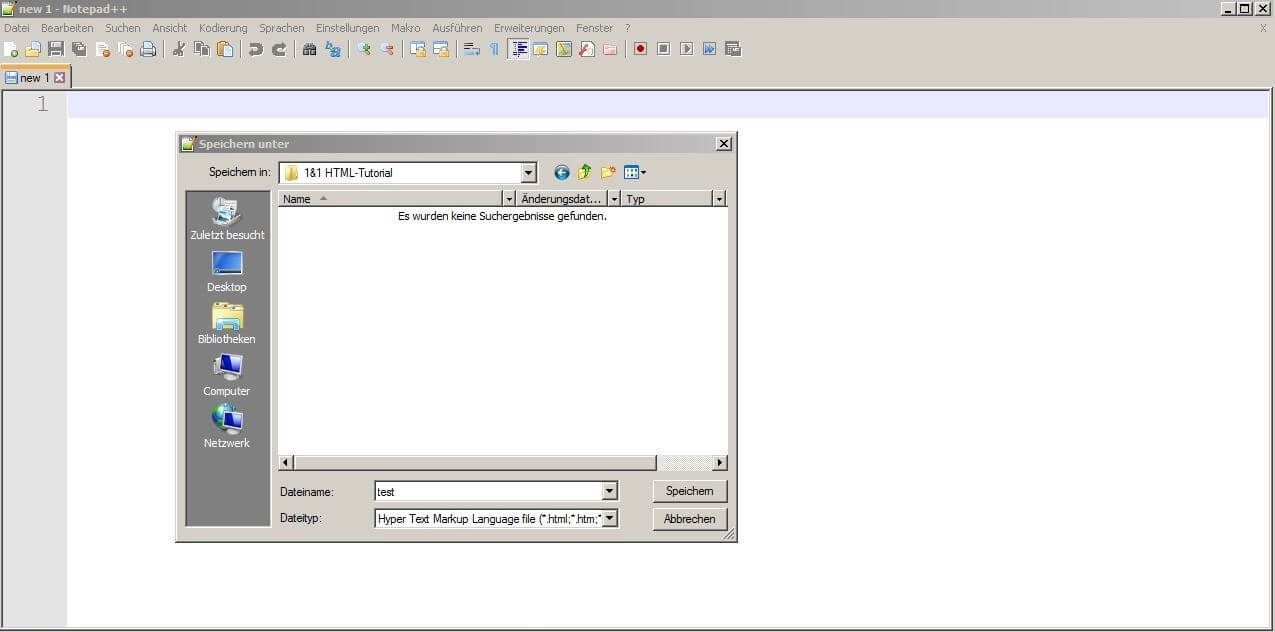 HTML-Testseite in Notepad++ speichern