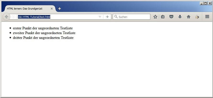 Vorschau der ungeordneten HTML-Auflistung mit drei -Elementen