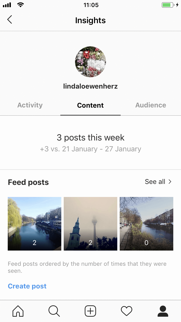 Profilansicht in der Instagram-App mit dem Symbol für die Statistiken