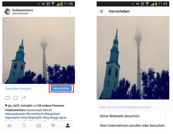 Im Instagram-Business-Account findet man in der eigenen Profilansicht die neue Option „Hervorheben“