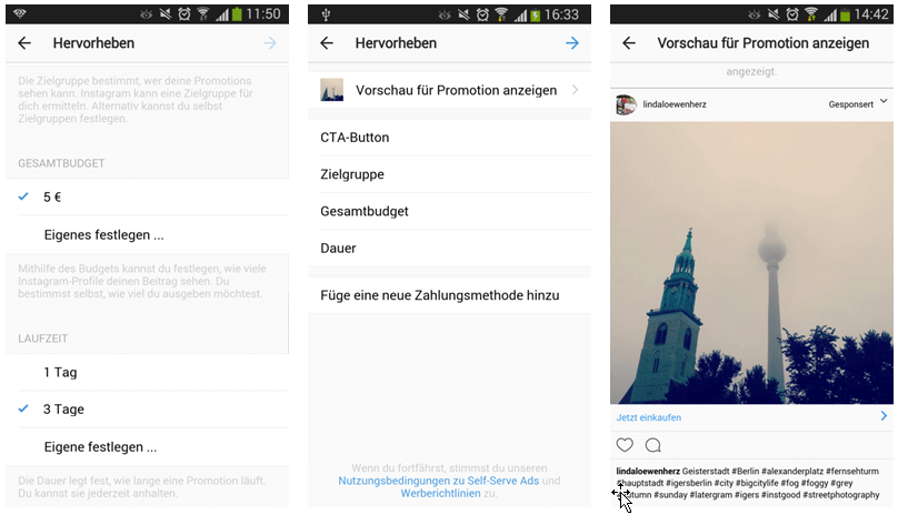 Menü, um Gesamtbudget und Laufzeit im Instagram-Anzeigenmanager festzulegen