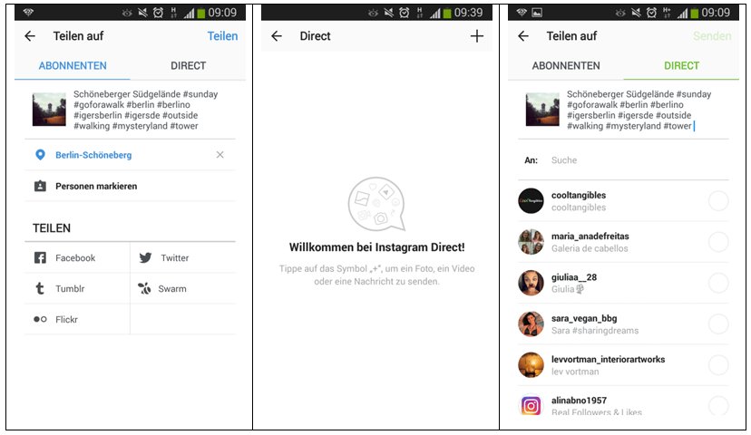 Social-Sharing-Funktionen mit Übersicht der verschiedenen Plattformen in der Instagram-App