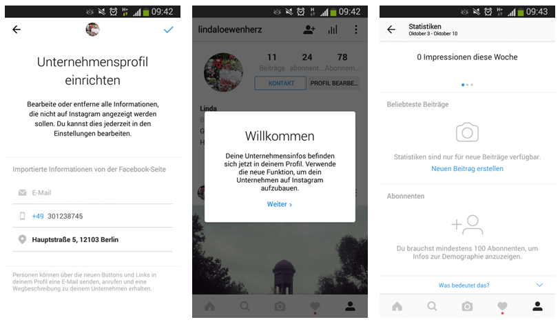 Unternehmens-Profil auf Instagram mit Kontaktinformationen einrichten