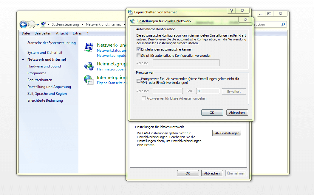 LAN-Einstellungen unter Windows 7
